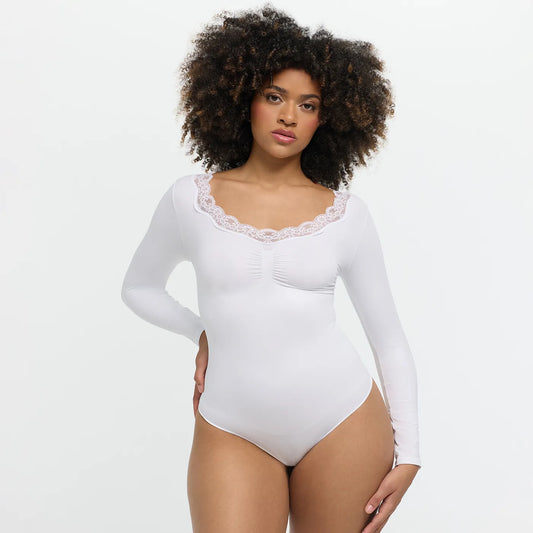 Kanten shapewear bodysuit met lange mouw en string