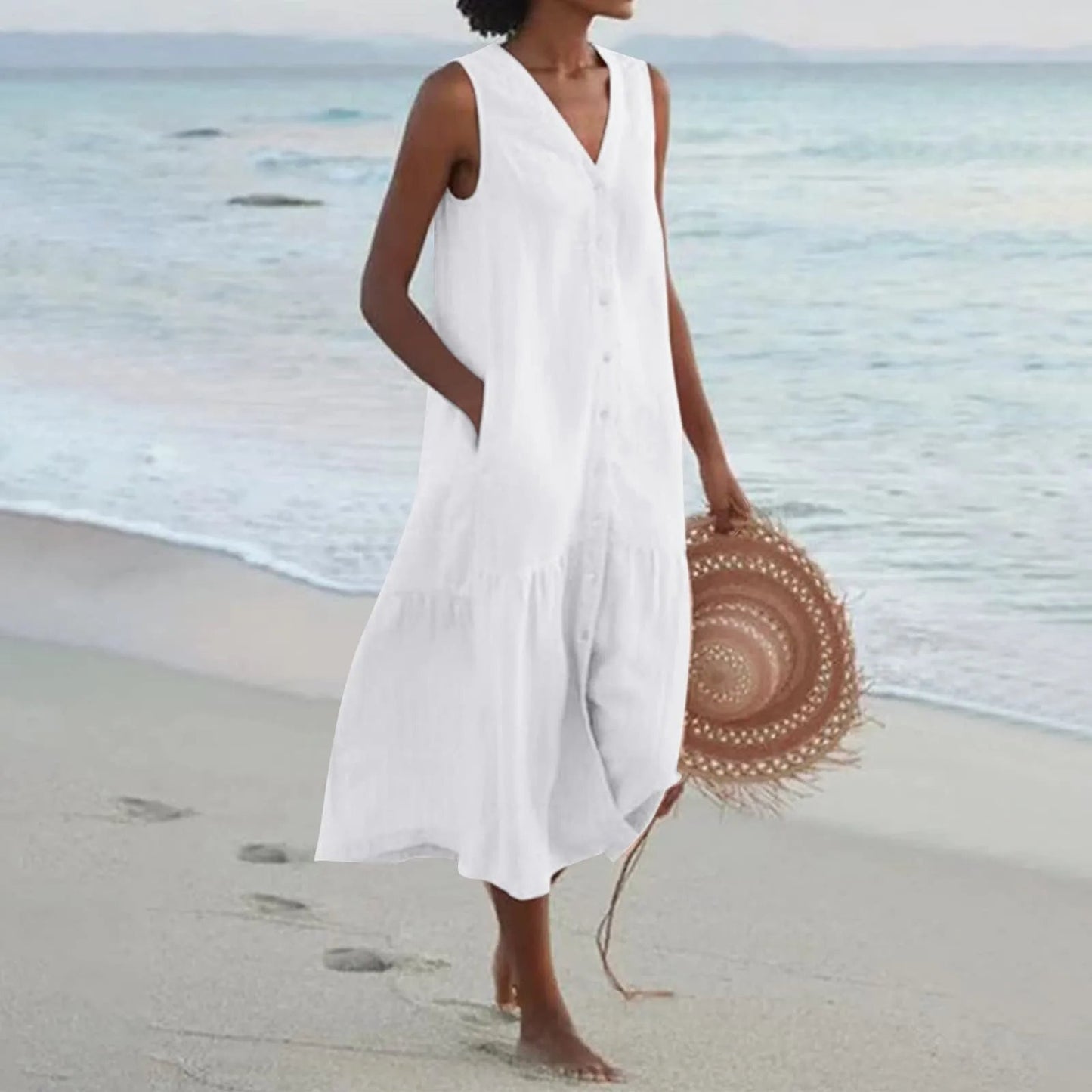 Linnenlook jurk met V-hals – Elara