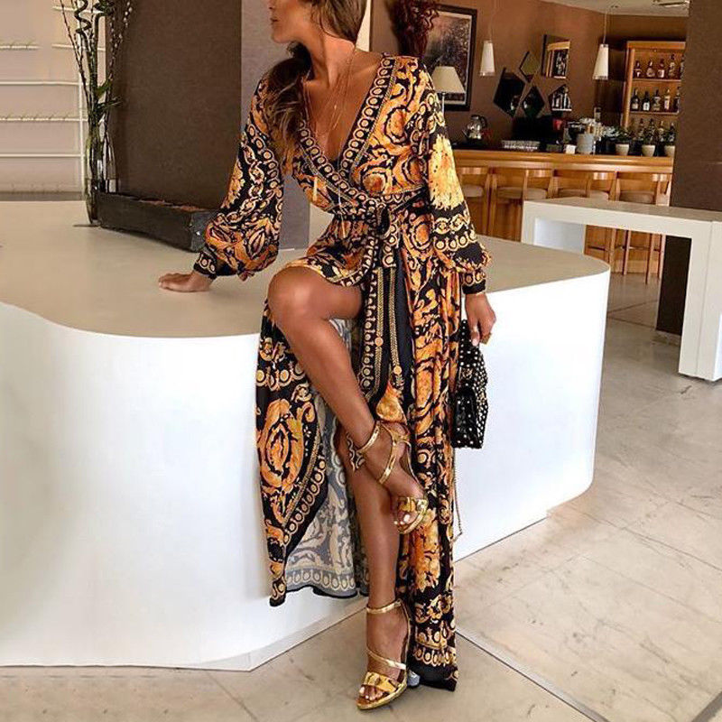 Zomerse boho wikkeljurk met split en v-hals