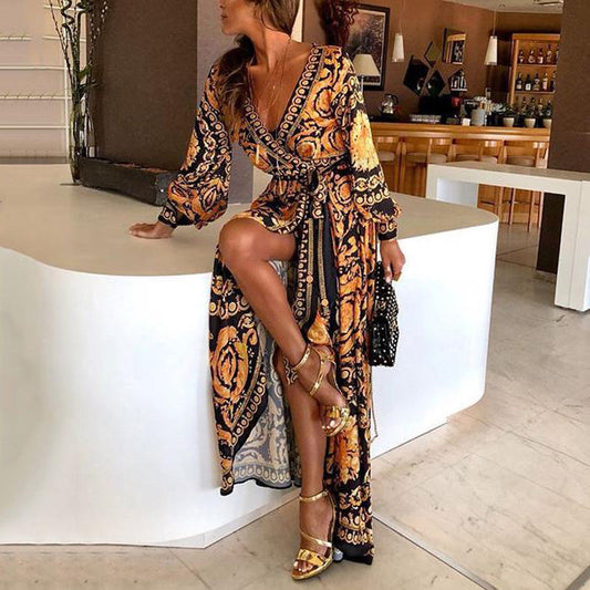 Zomerse boho wikkeljurk met split en v-hals