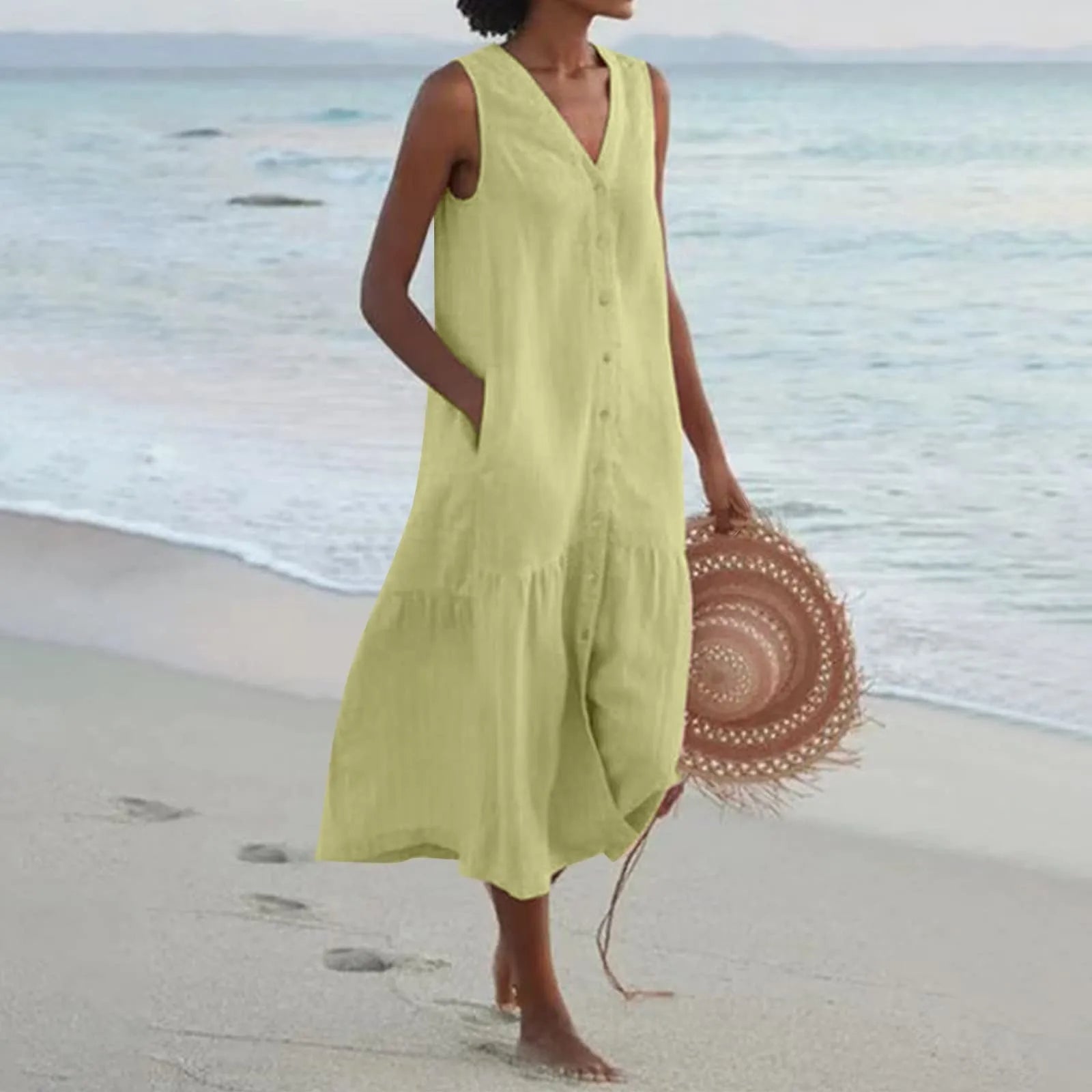 Linnenlook jurk met V-hals – Elara