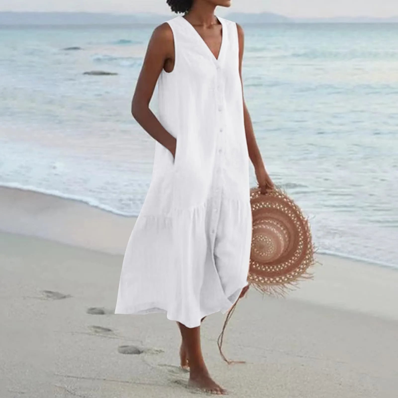 Linnenlook jurk met V-hals – Elara