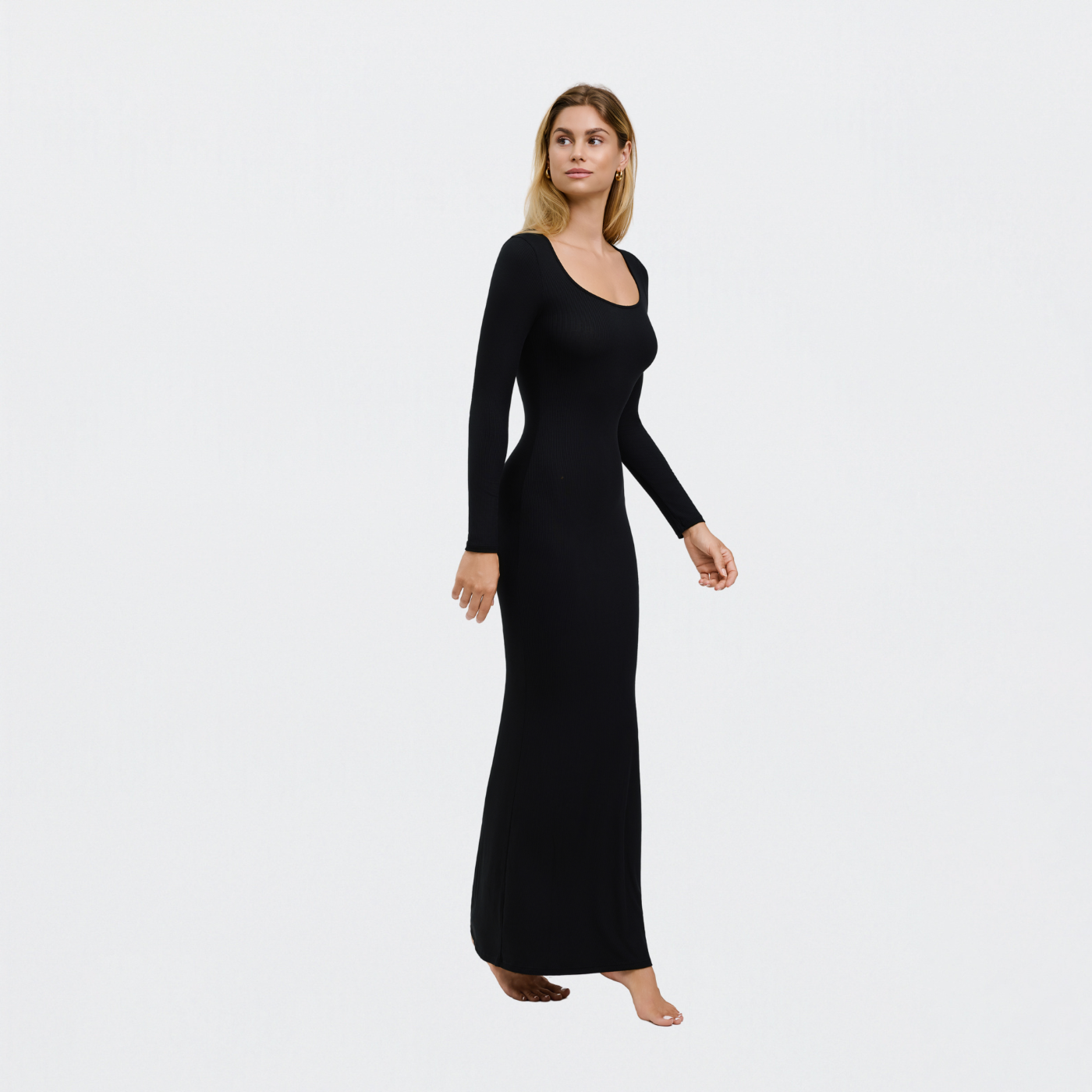 Geribde maxi-jurk met lange mouwen