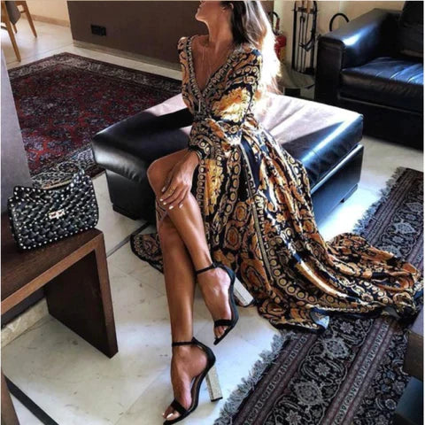 Zomerse boho wikkeljurk met split en v-hals