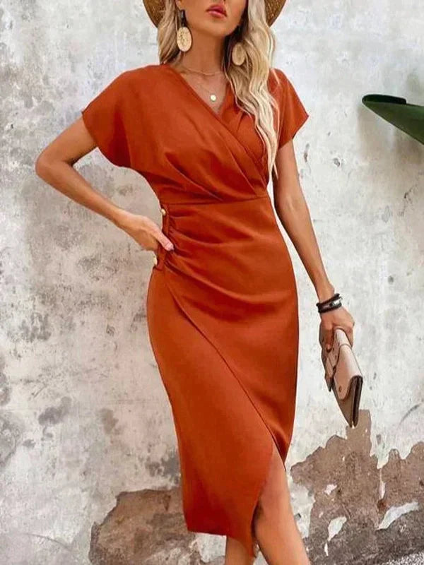 Oranje midi jurk met v-hals – Ruby