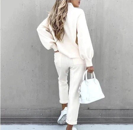 Zacht huispak met col en high waist broek